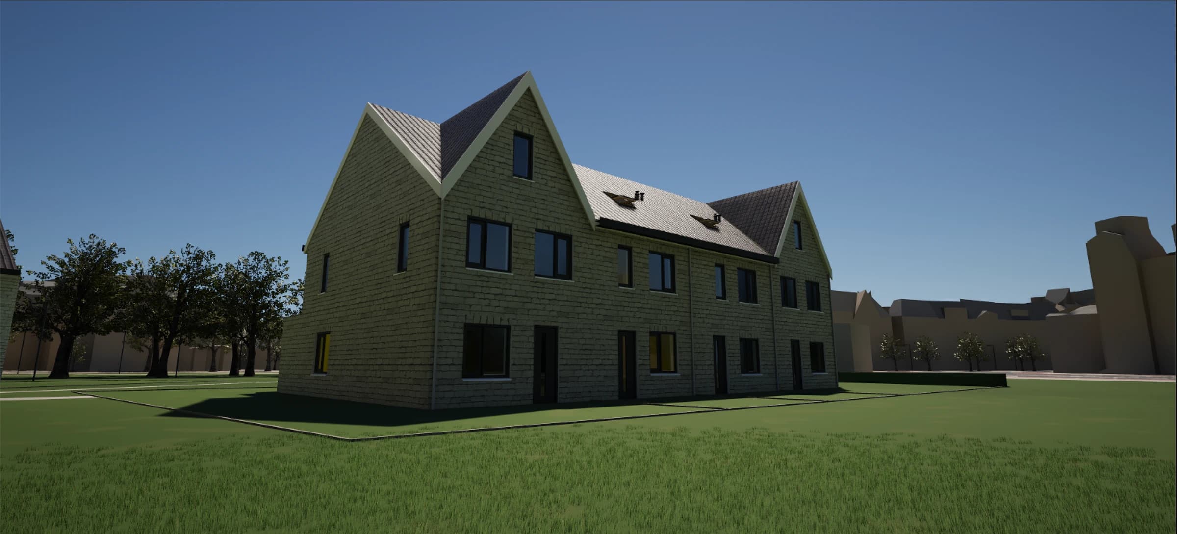 Housing block in Alpha Studio with detailed brickwork, roof tiles and shadows in Unreal Engine