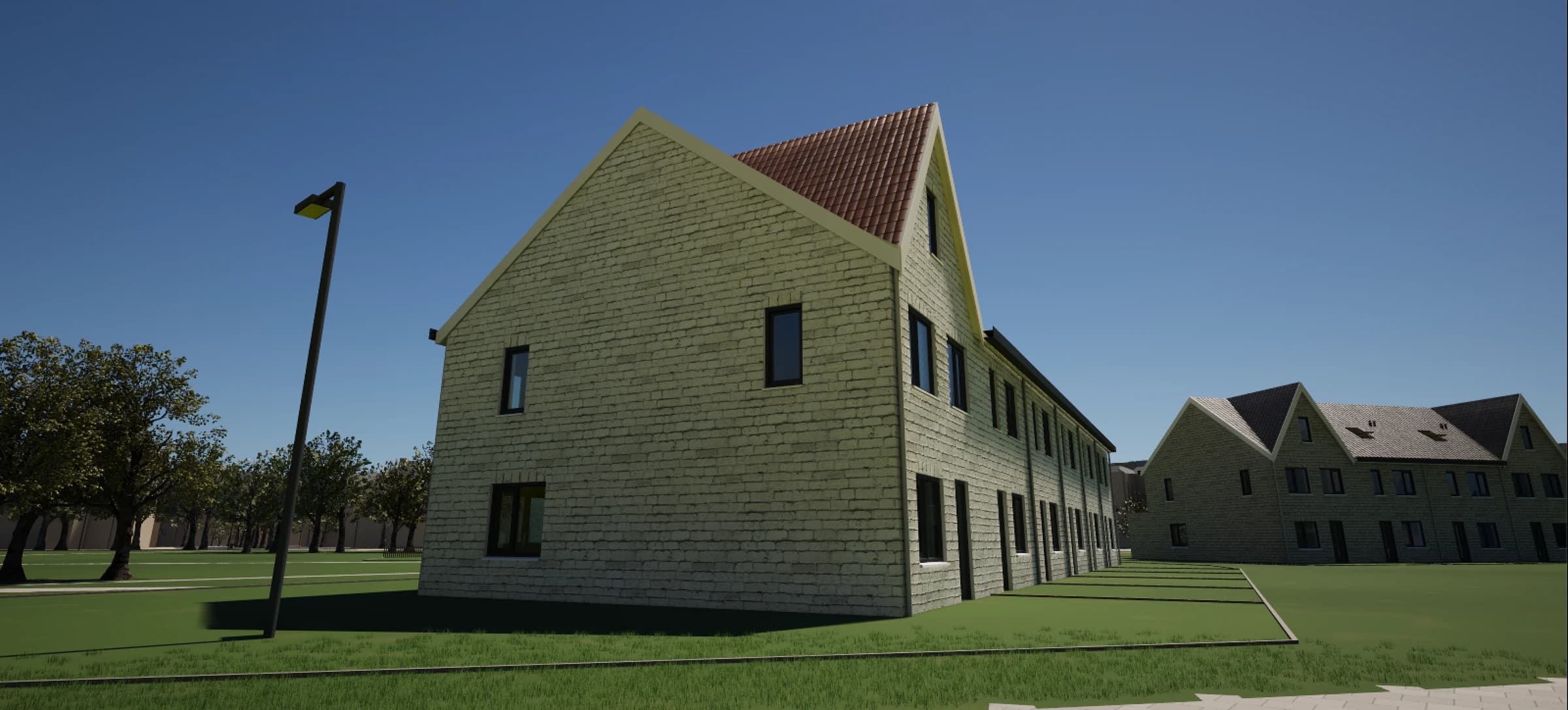 Street view in Alpha Studio: brickwork, roof tiles and shadows give the homes depth.